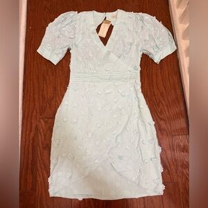 Host and Var light blue floral appliqué backless dress small NWT